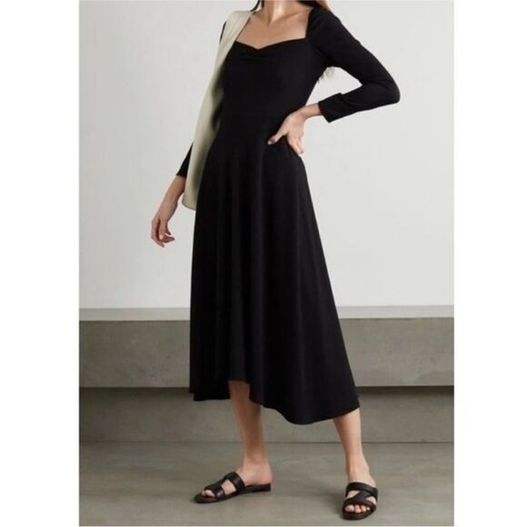 Vince Dress Flared Ruched Crepe Textured Midi Black Dress Sz 8 - Picture 1 of 11